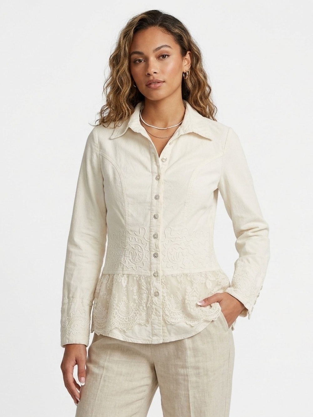 Gretty Zueger Button Down Shirt Embroidered Lace Peplum Cotton White XL